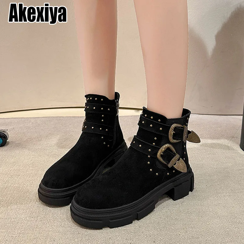 

Platform Motorcycle Boots Women Fashion Zippers Mid Calf Booties Thick Bottom Shoes Ladies Autumn Winter Booties bc7434