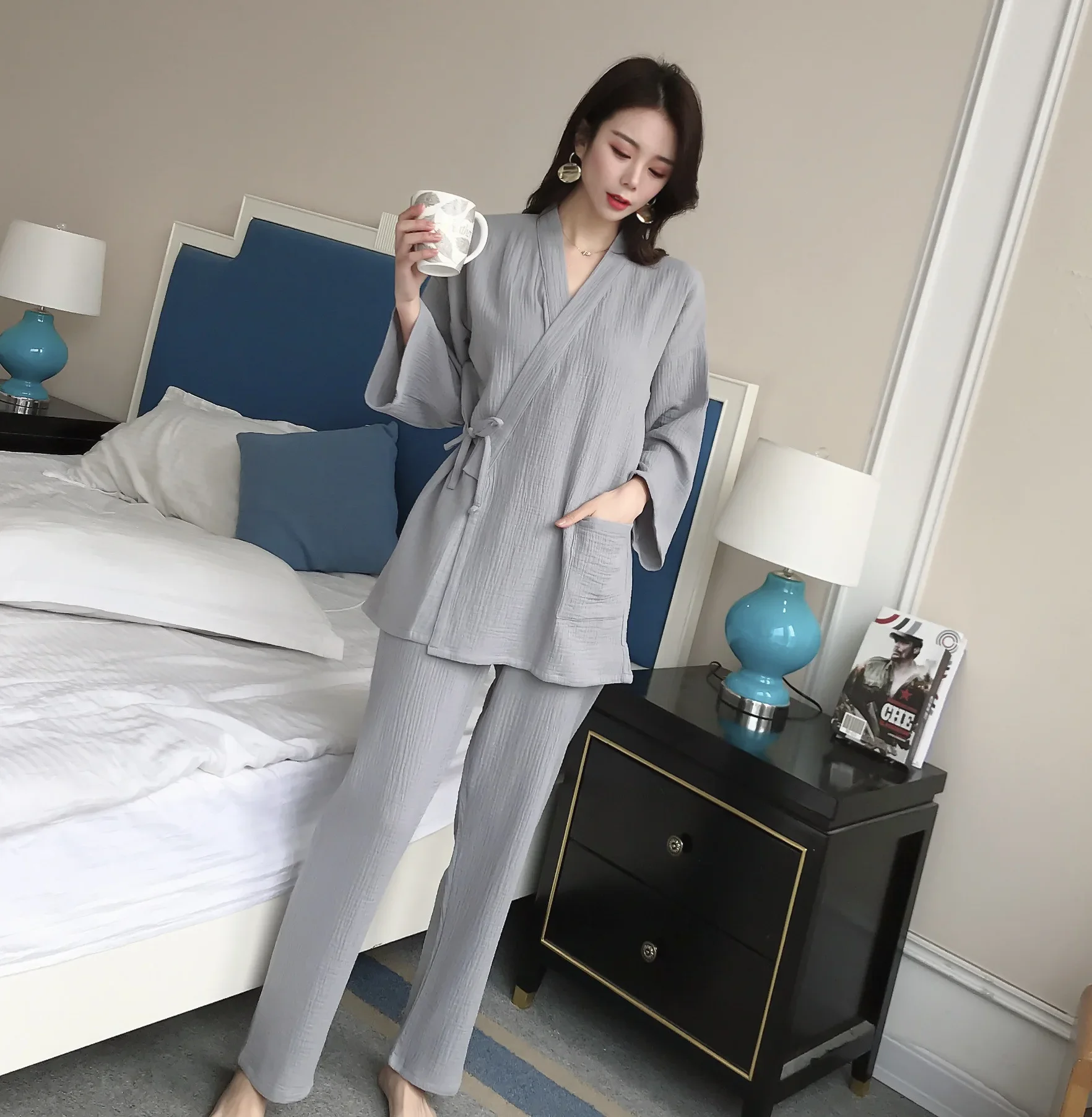 커플 솔리드 컬러 코튼 긴 소매 기모노 가운 긴 바지 2 Pcs 세트 Homewear Loungewear 여성 잠옷 의류