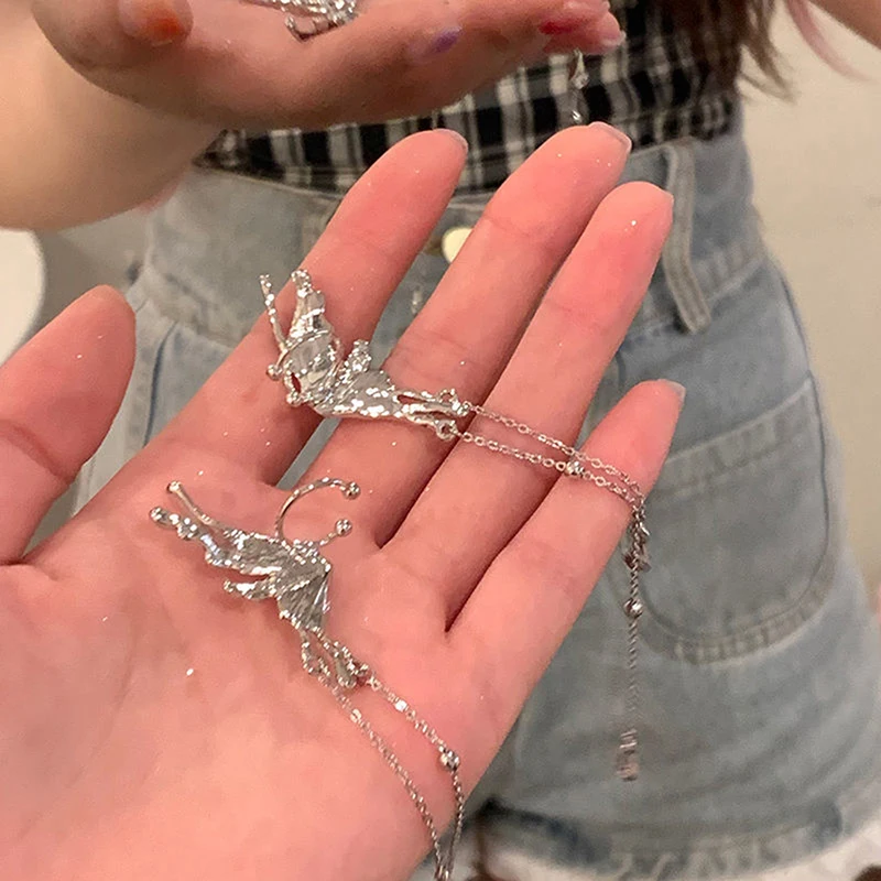 Y2K Fairy Butterfly Tassel Ear Clips Angel Ear Bone Clip Earring Elf Female No Hole Cuff Hanging Earring Fashion Jewelry ear clip earrings clip earrings ear clip ear accessories
