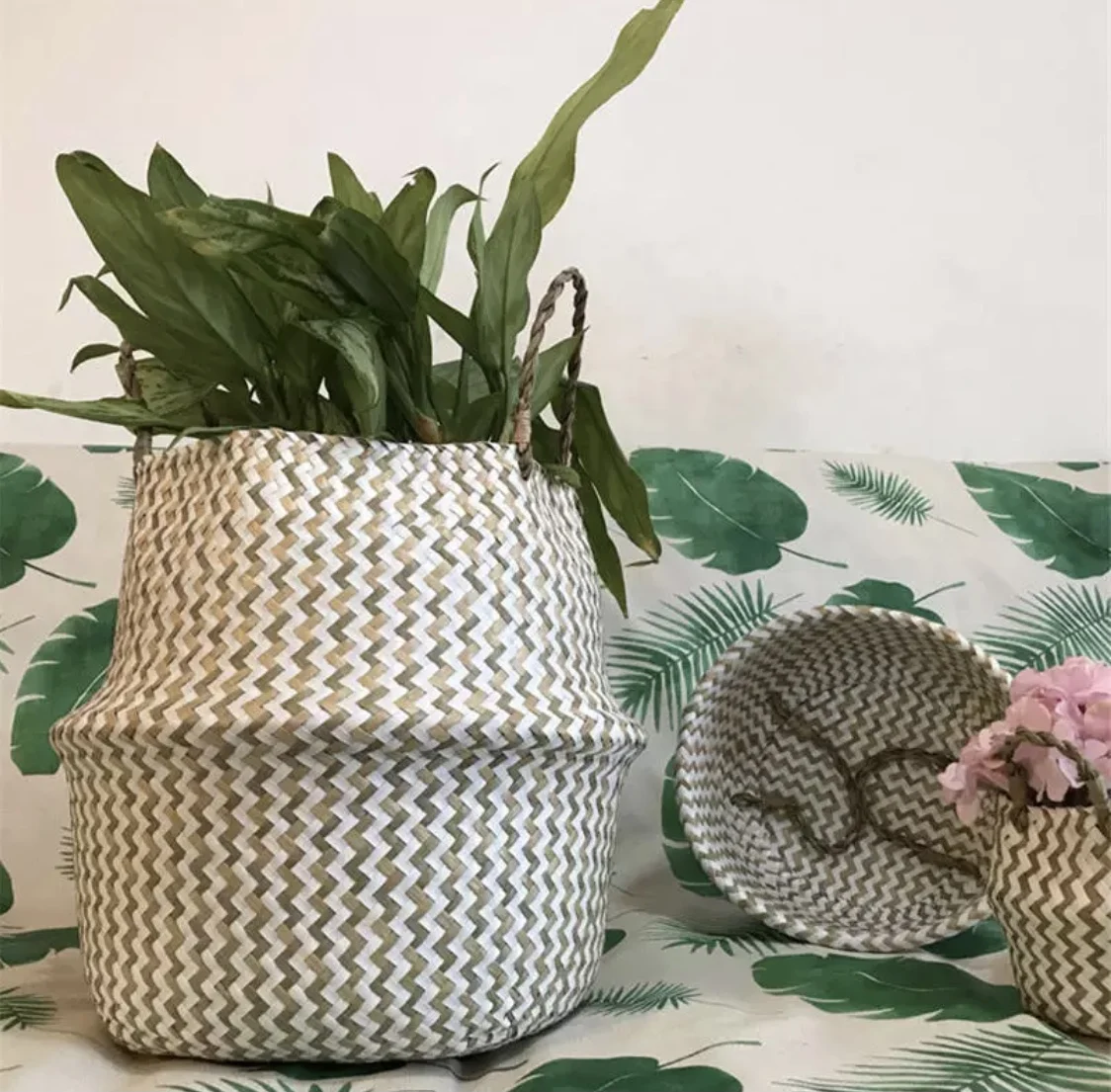 M-L Handmade Seagrass Flower Pot Pro-environment Storage Wicker Rattan Straw Home Decor Wave Pattern Planter pot Laundry Basket