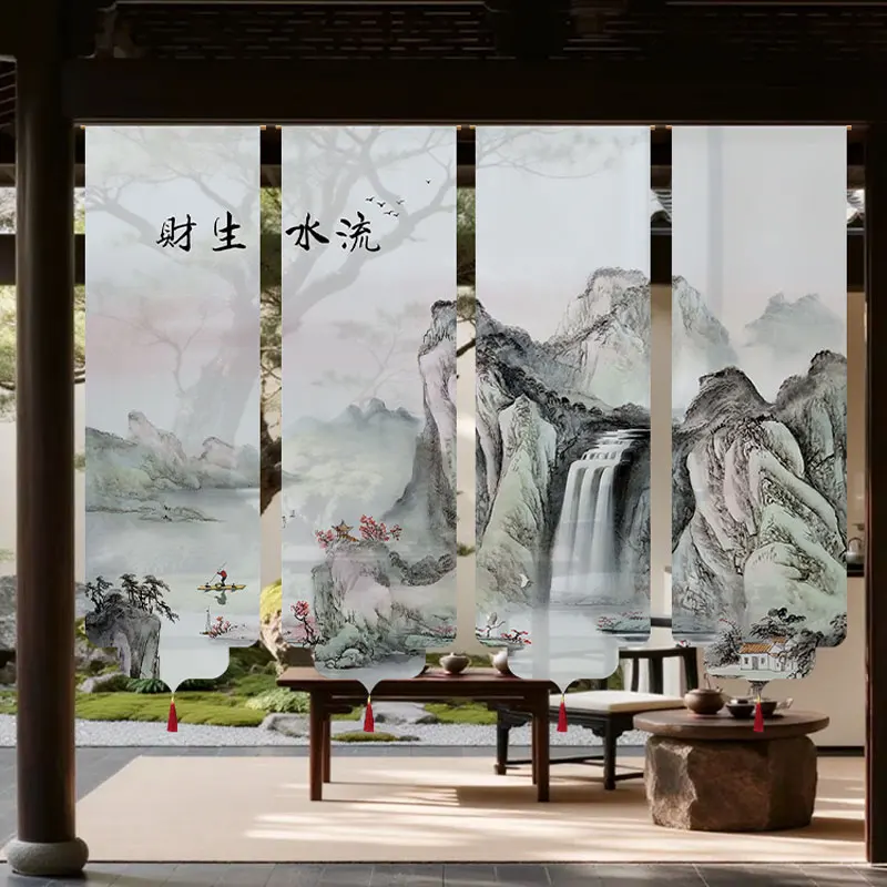 ? 재팬디 스타일 창문 커튼 ? 반투명 거즈 중국 수묵화 산과 일출, 와비사비 거실 젠 장식, 도파민 디톡스