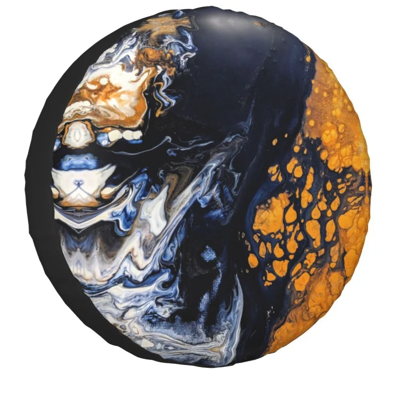 

Blue And Gold Marbled Spare Tire Cover Bag Pouch for Jeep Hummer Abstract Texture Waterproof Car Wheel Covers 14" 15" 16" 17