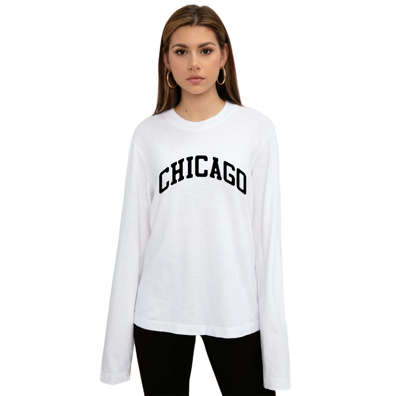 

CHICAGO Letter Print Unisex Long Sleeve-Shirt T-Shirt Cotton Autumn Women's Tee Classic Boutique Large Drop Sleeve Shirt