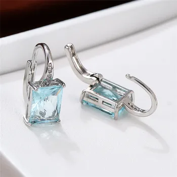 Crystal Small Vintage Silver Color Wedding Clip Earrings Light Blue Zircon Square Stone Jewelry For Women