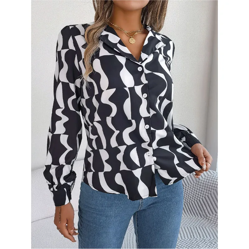 

Women's Clothing Casual 2023 Autumn Winter New Splice Buttons Fashion Stripe Printed Suit Collar Long Sleeved Commuting Shirt