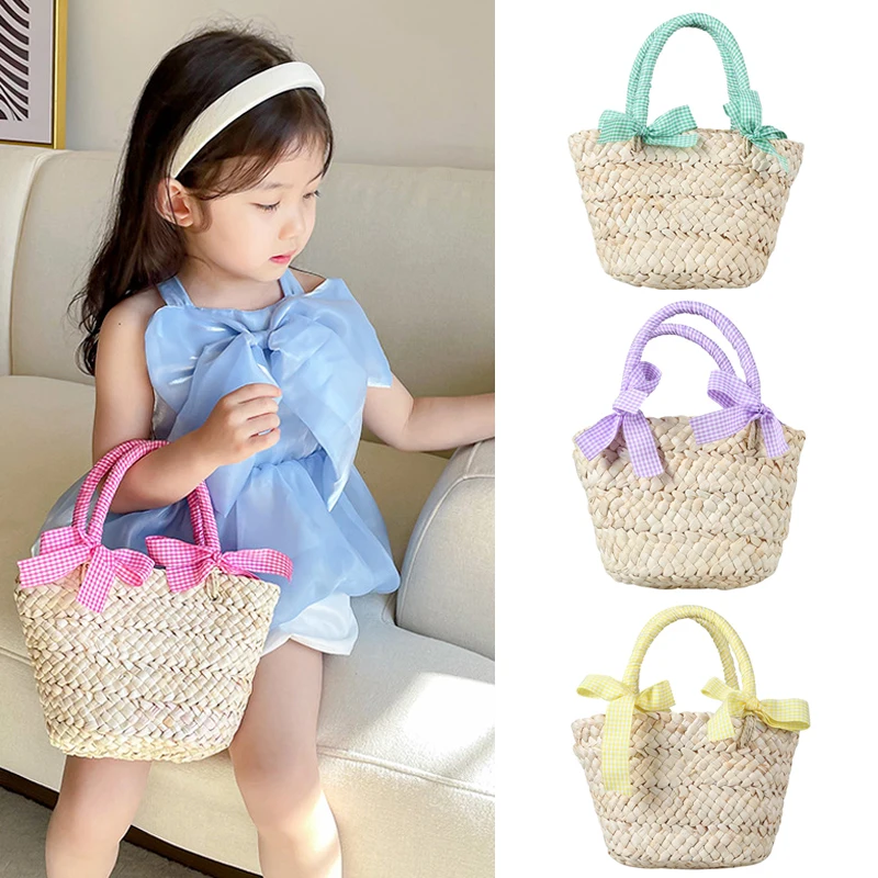 New Kids Bags for Girls Handbag Children Tote Bags Summer Beach Travel Bows Princess Child Straw Bags Baby Accessories