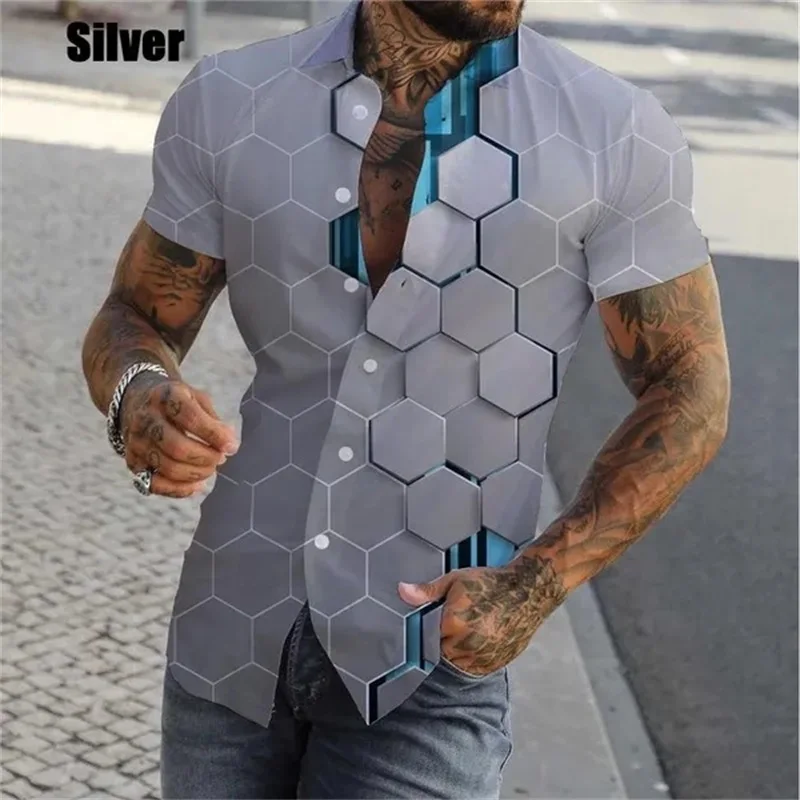 thumbnail image 1 of Camisa con estampado geométrico y personalidad en 3D para hombre, camisas casuales de manga corta con botones, camisas de playa de gran tamaño para hombre, 1 of 5
