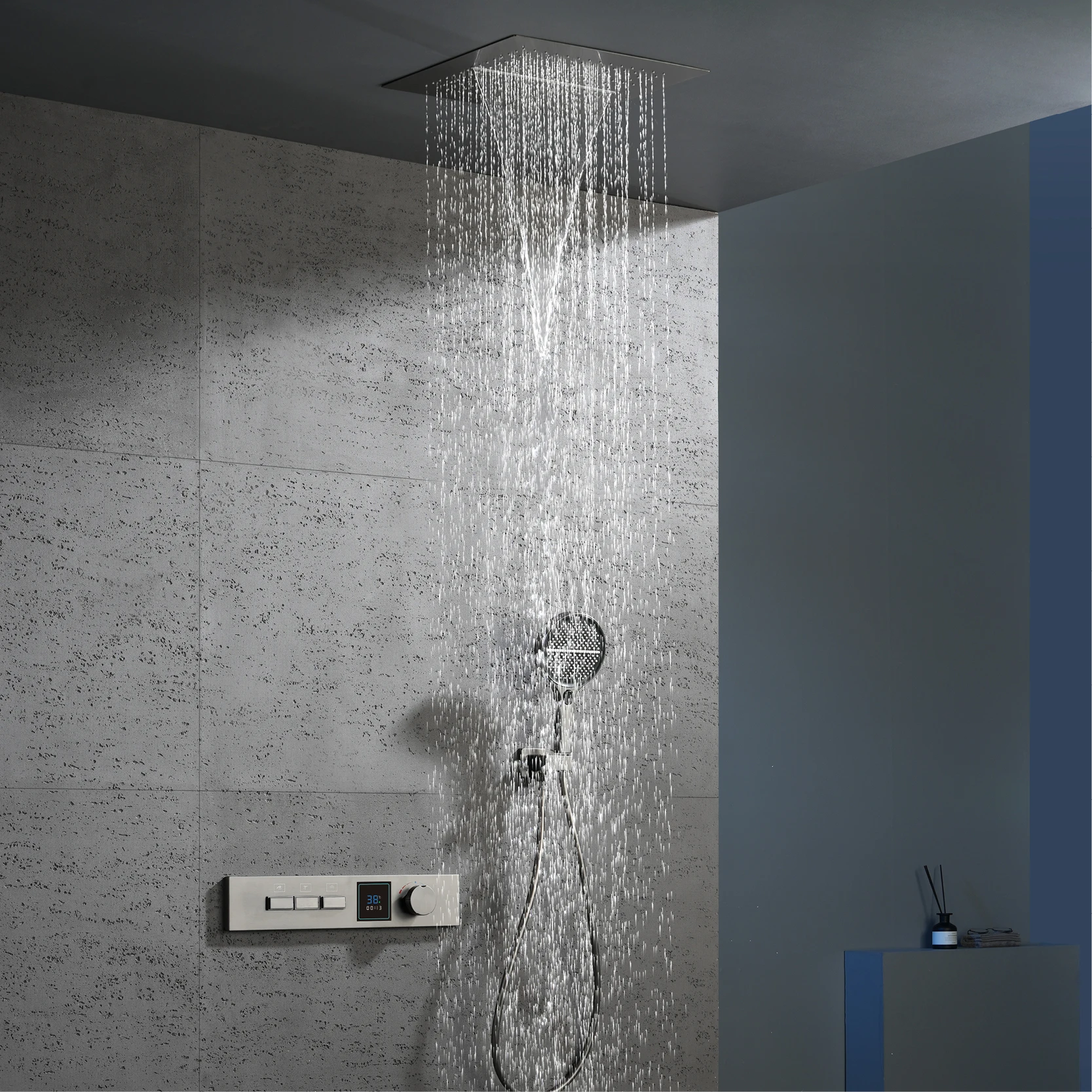 Luxury gun gray brass shower system with LED digital display design Wall mounted constant temperature 3-function bathroom faucet
