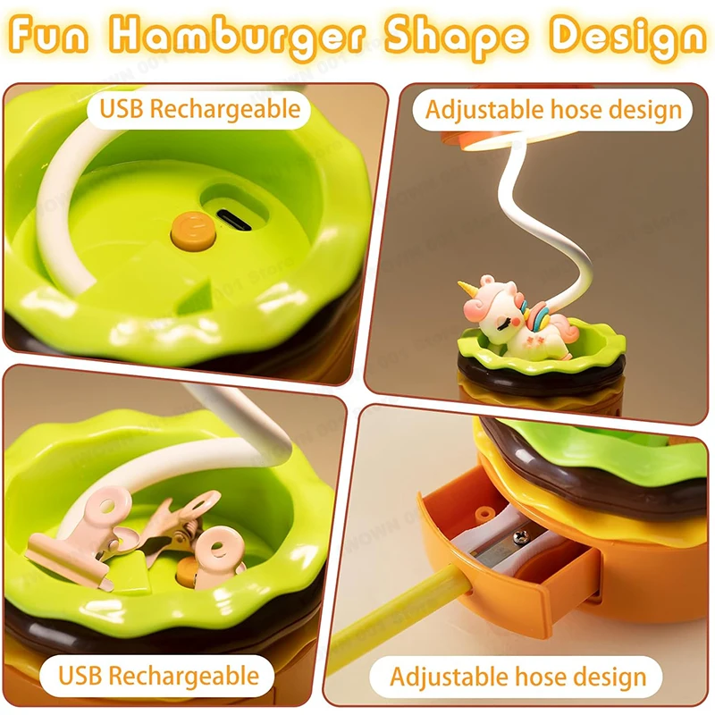 Cute Hamburger LED Desk Lamp Creative Burger Light Rechargeable Cartoon Night Light Eye Protection Kids Reading Lamp