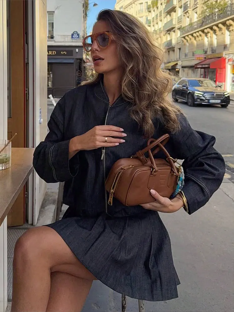 HH Women Denim Coat Skirts Suits Long Sleeve Zipper Denim Jacket Side Zipper Mini Skirt Fashion High Street Lady Outfits