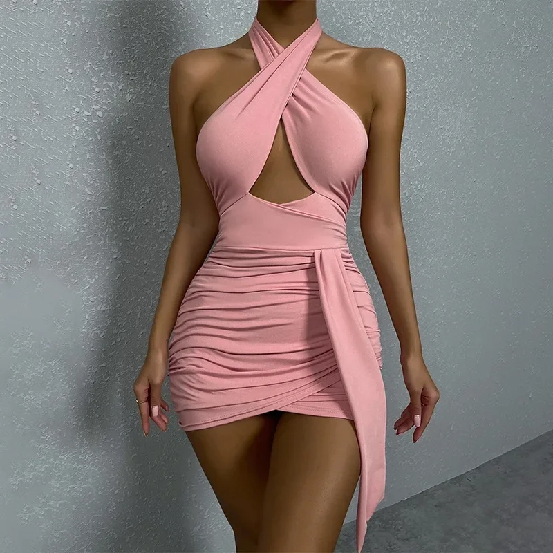 

Sexy Backless Dress with Halter Neckline and Satin Straps for Women