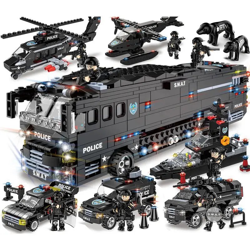 Police Bus Car Building Block Bricks Toys Set Mobile Combat Vehicle 3D Puzzle For Kids Boy DIY Assembly Toy