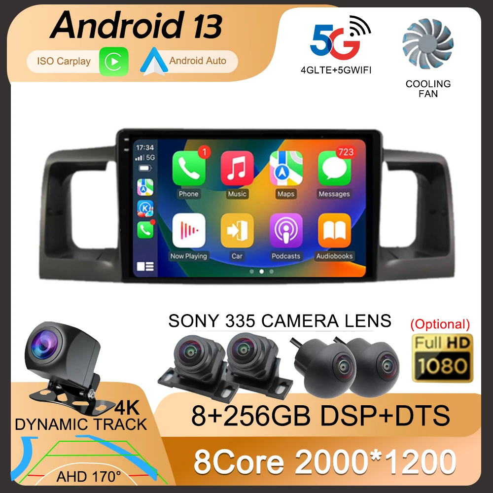 

Car Radio Multimedia Video Player Android 13 Auto WIFI 4G LET Carplay For Toyota Corolla E120 E 120 BYD F3 2007-2011 GPS Stereo