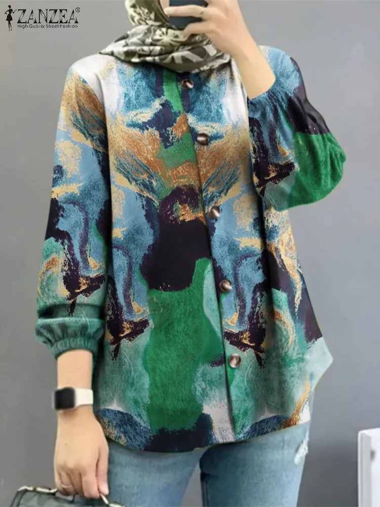 

ZANZEA Retro Printed Blouse Muslim Fashion Long Sleeve Women's Tops Casual Work Shirt Turkey Abaya Stylish Autumn Blusas Kaftan