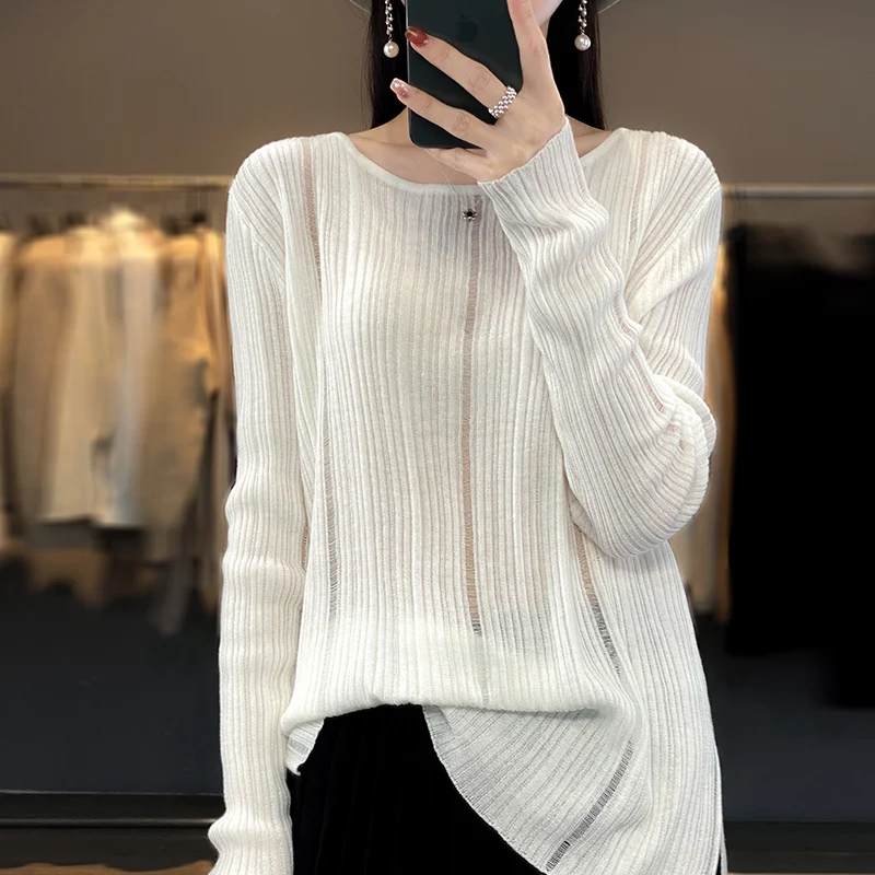 

Women's Pullover Spring/Autumn Worsted Wool Sweater Casual Solid Color Knitwear Ladies' Tops Fitted One-line Neck Hollow Blouse