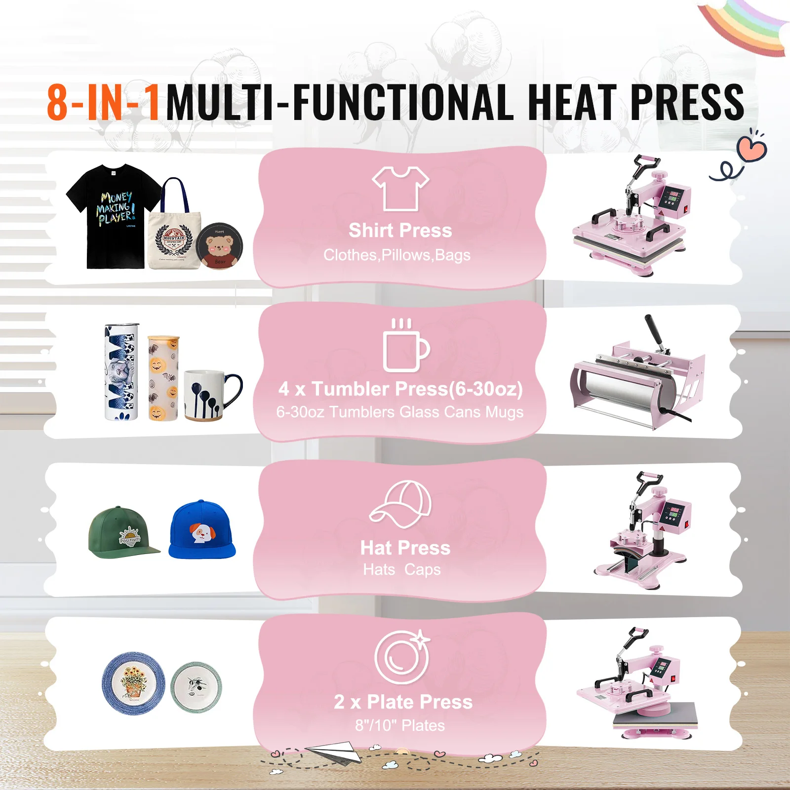 SucceBuy Heat Press Machine 12 x 15 inch 8in 1 Heat Transfer Machine 360° Swing Away T-Shirt for T-Shirts/Mugs/Hats/Plates Pink 2