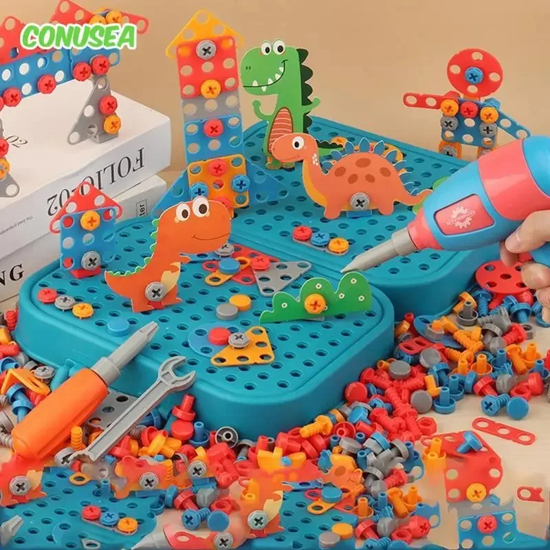 Set di strumenti per giocattoli per bambini trapano elettrico dado a vite giocattoli Puzzle 3D giochi di imitazione Dinosaur Drilling Assembly giocattoli educativi per ragazzi