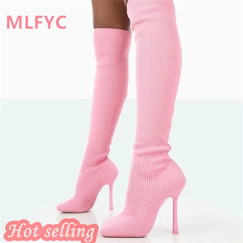 Knee length boots for women's autumn and winter new large knitted sexy high heel sleeve elastic boots and socks boots