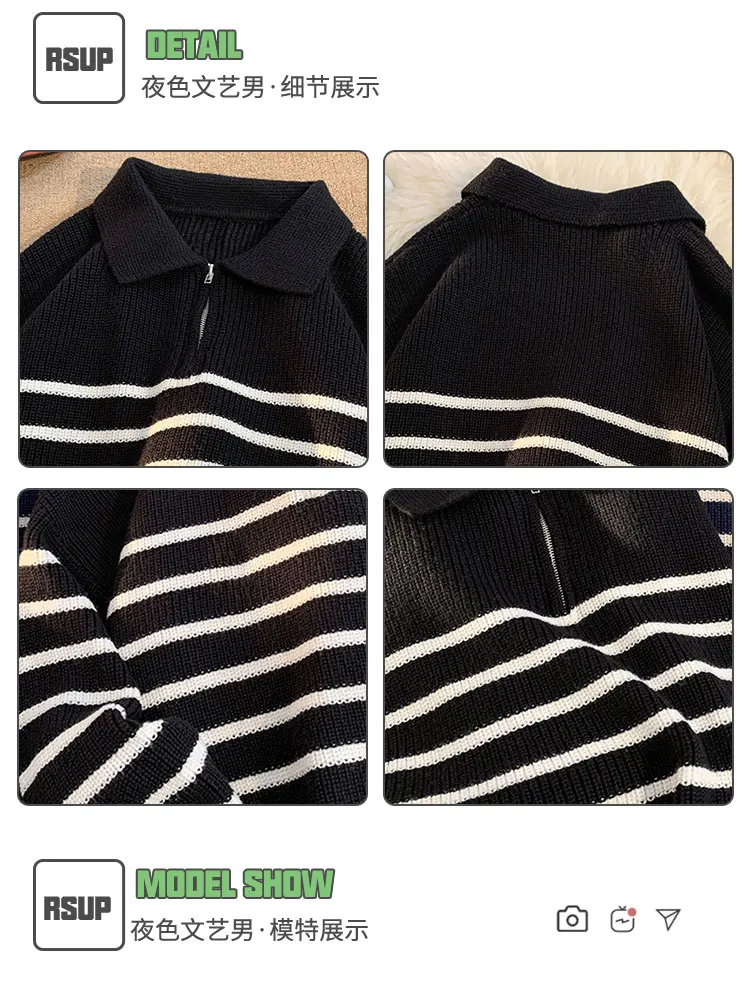 Description Picture 3 of itemAutumn Winter New Lapel Neck Sweater Men's Korean Slim Fit Knitted Pullovers Striped Casual Bottoming Shirt Sweater D102