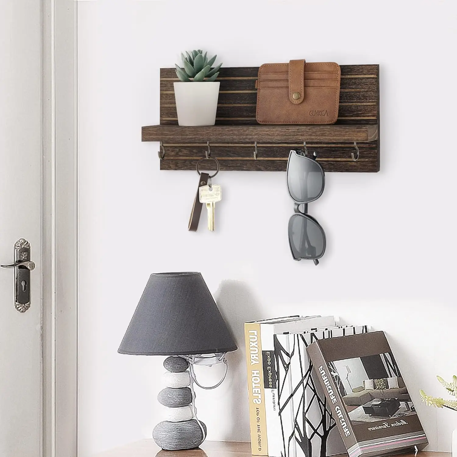 Decorative Key Holder for Wall with Shelf, Entryway Shelf with Hooks Holds Leashes, Jackets and Glasses – Sturdy Wood Key Holder 3