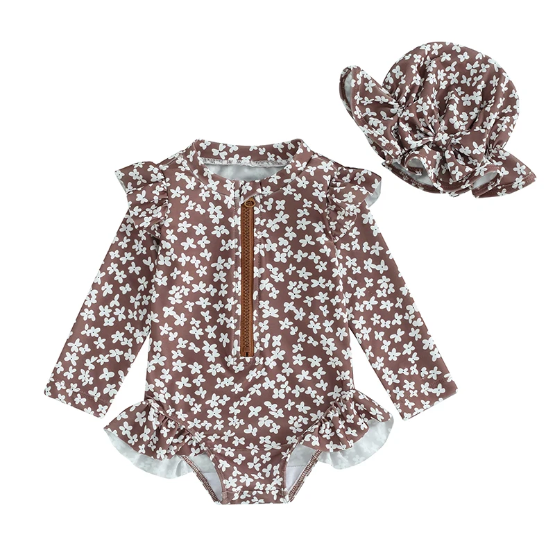 Little Baby Girls Swimsuit Rash Guard Long Sleeve Zipper Ruffle Bathing Suit Toddler Summer Clothes