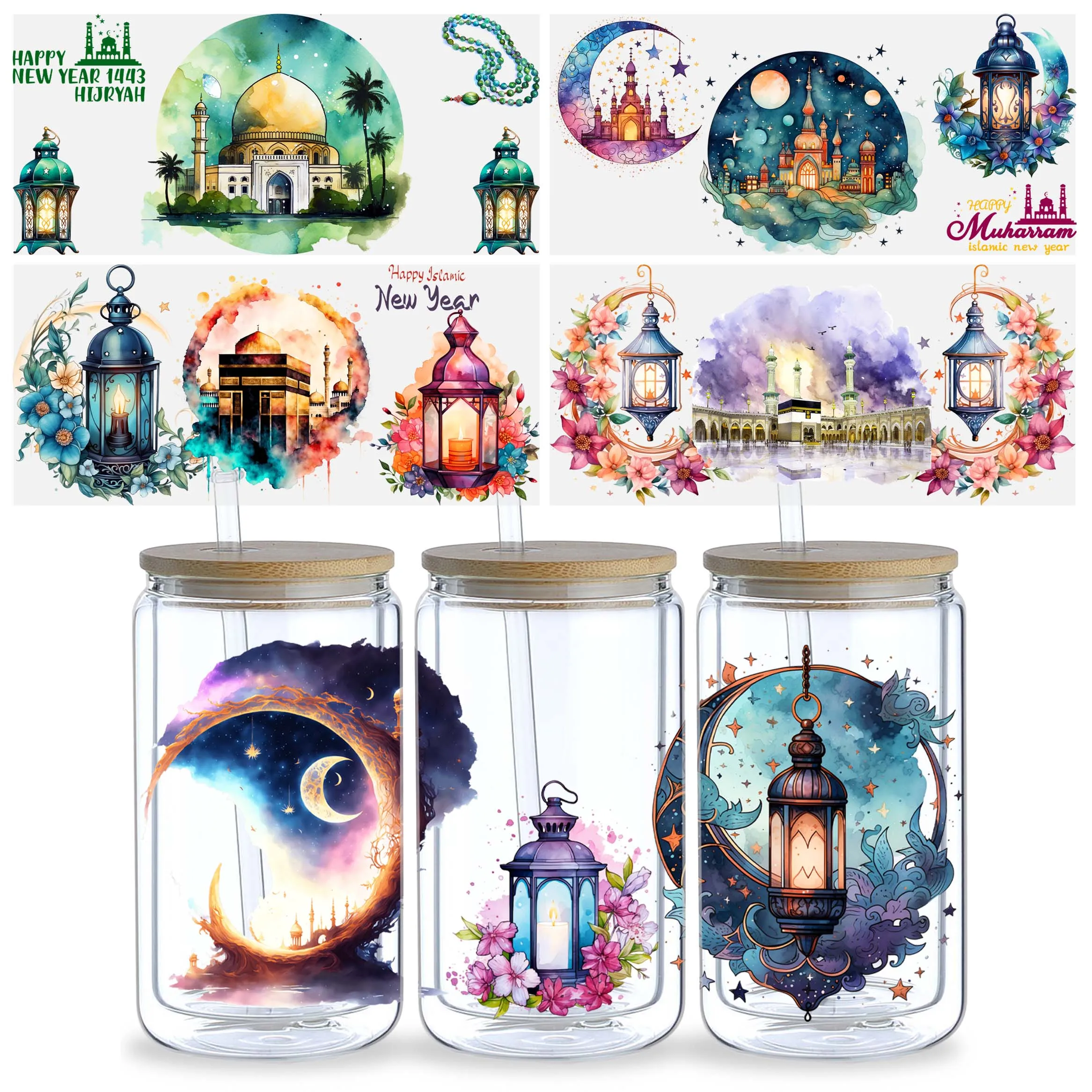 5 sheets islamic new year UV DTF cup stickers, glass DTF transfer stickers, waterproof wipe transfer paper