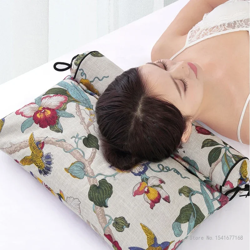 Pillow Core Full Buckwheat Cervical Protect for Sleeping, Massage Correction, Adult Sleeping Neck Flower Pattern Printing Pillow