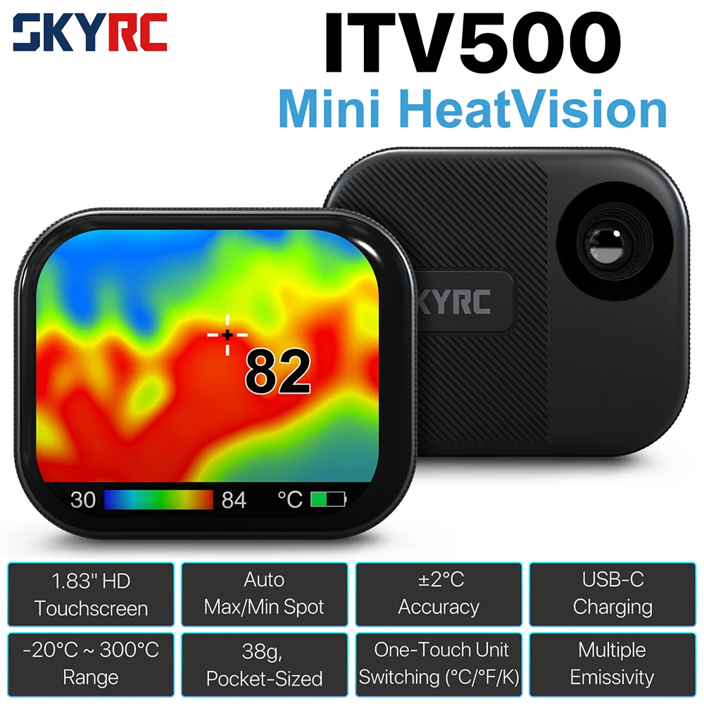 Détail de la caméra thermique SkyRC Mini HeatVision ITV500 utilisée pour surveillance batteries et moteurs RC
