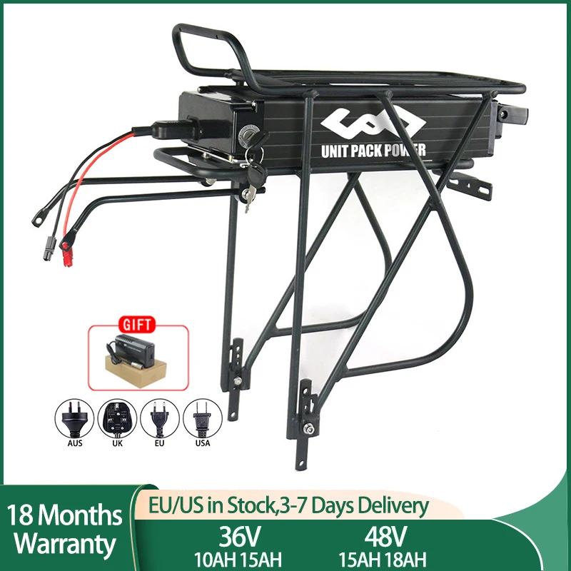 Portapacchi Posteriore Batteria Ebike 36V 10Ah 15Ah 48V 15Ah 18Ah 18650 Batteria Per 24 "26" 28 "Bici Elettrica 1000W 750W 500W 250W Motore