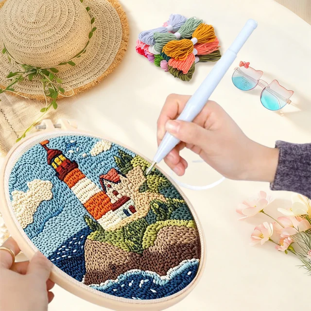 20X20CM Sailing Lighthouse Scenery Punch Needle Frame Modern Artwork  Cloth For Punch Needle Gift Beginner Embroidery Kit 1