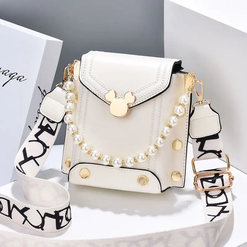 MINISO Disney Mickey Fashion Lock Buckle Versatile Sweet Pearl Pendant Phone Bag Women's High Quality Storage Small Square Bag