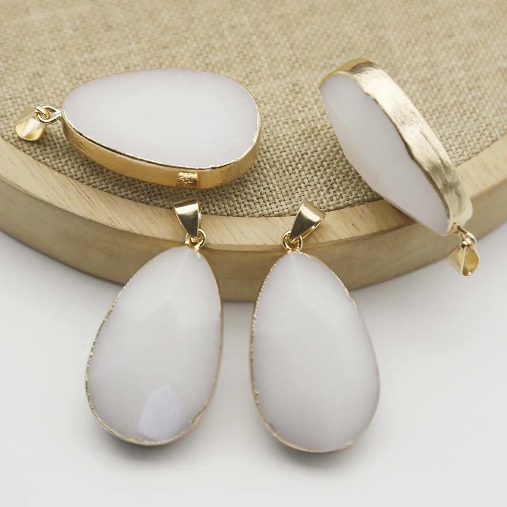 New Natural Stone White Jade Drop Pendant Gold Edge Charm Earrings Necklace DIY Jewelry Accessories Wholesale 6Pcs free shipping