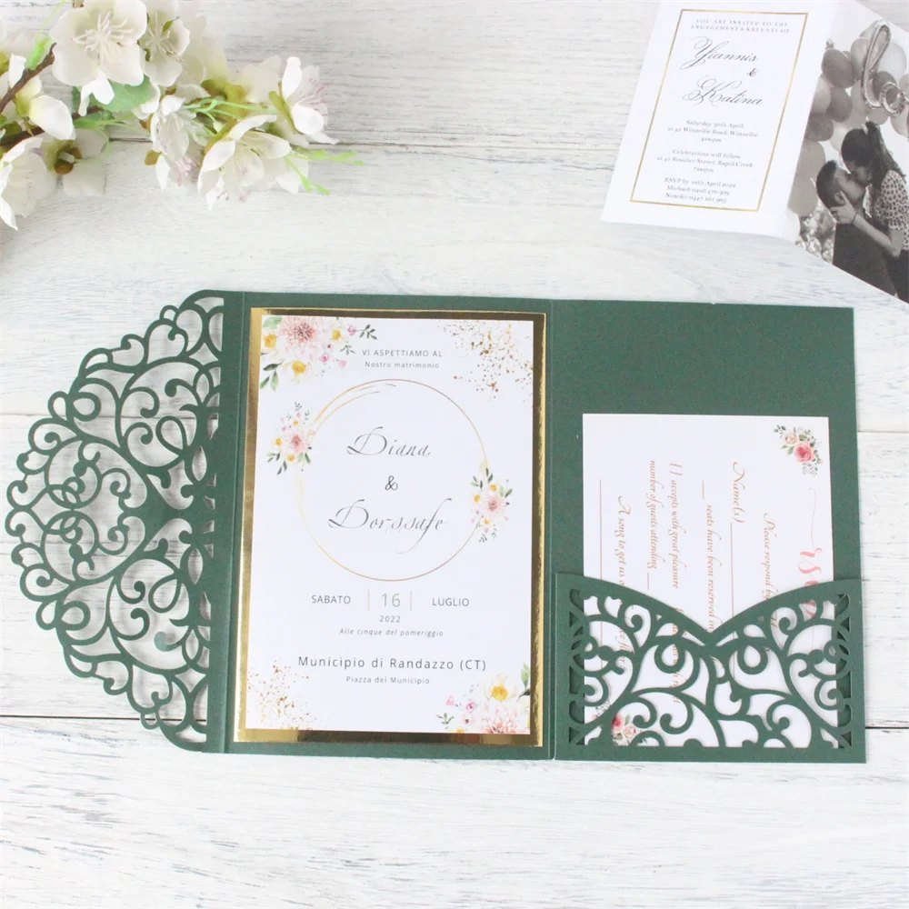 

Green Invitation Cards Wedding Marriage Anniversary Party Gift Cards Customzied Printing 50 Sets
