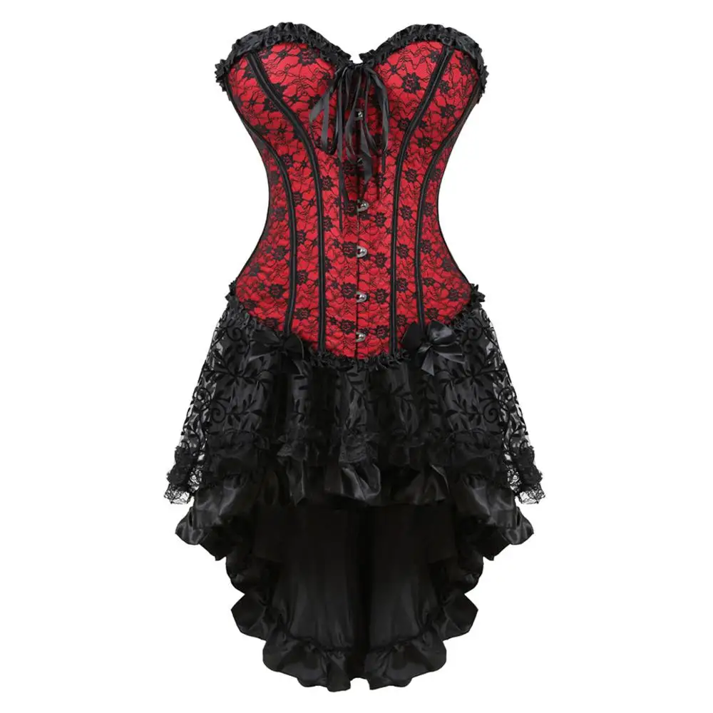 

Corset and Skirt Steampunk Gothic Slimming Lace Overlay Bustier Dress Lace Up Boned Korsage Sexy Femme Carnival Party Clubwear