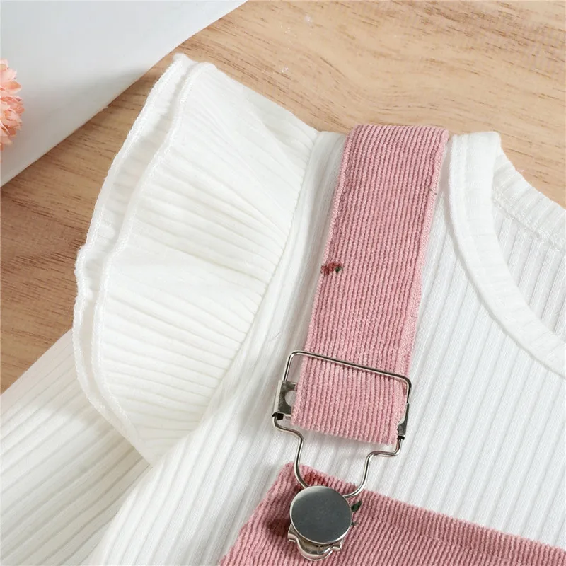 1-4yers Infant Girls Spring Fall Set Pink White Long Sleeve Tops+ Floral Print Suspender Trousers Outfits For Toddler Girls
