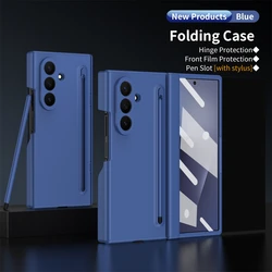 Luxury Steel Film Pen Slot Phone Case with Tempered Glass and Hinge Protection Cover for Galaxy Z Fold4 (Blue)