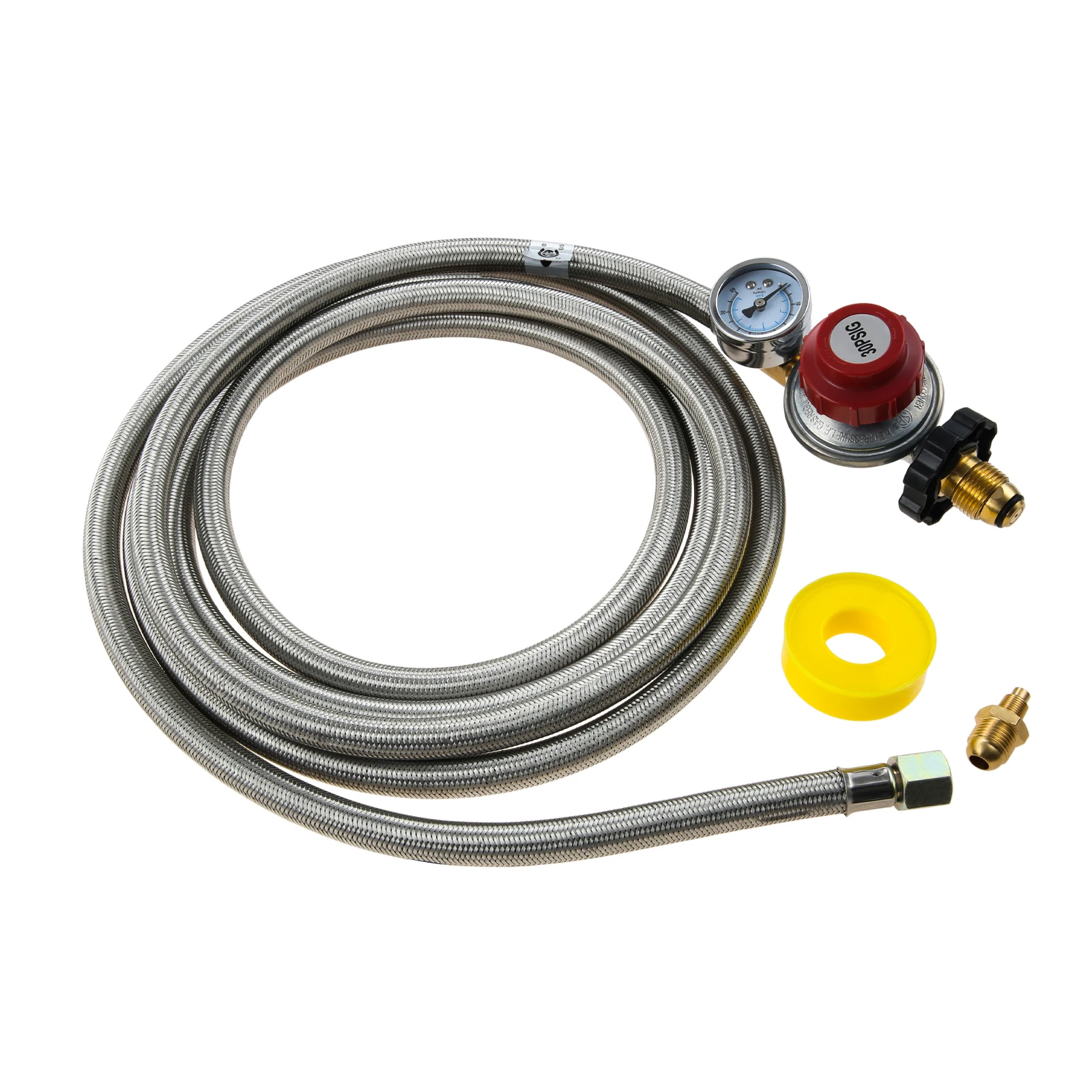 onlyfire Tuyau flexible en acier inoxydable tressé de 5 pi avec régulateur de propane réglable 0-30 PSI QCC/Type 1 avec manomètre pour grils, brûleurs, appareils de chauffage, cuisinières, feux de