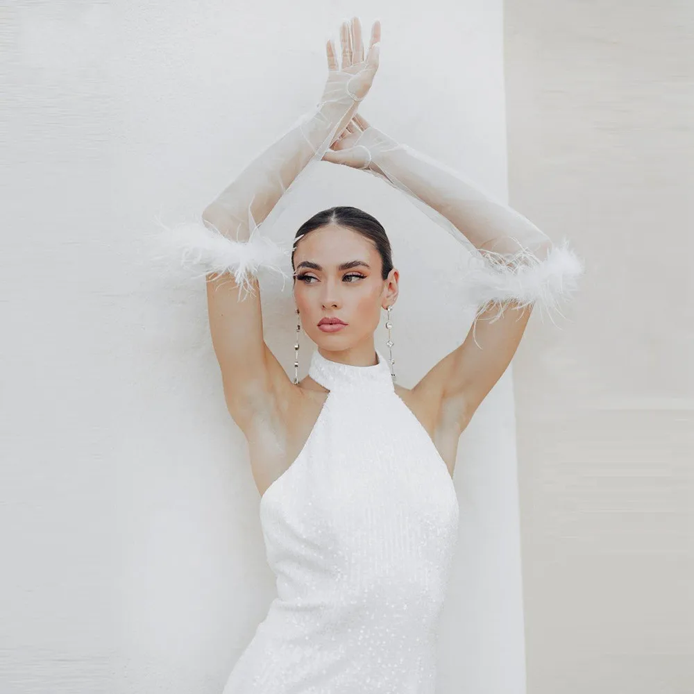 

PEORCHID Elegant Feathers Bridal Gloves Tulle Luvas Casamento Elbow Length Finger Bachelorette Bride Party Wedding Accessories