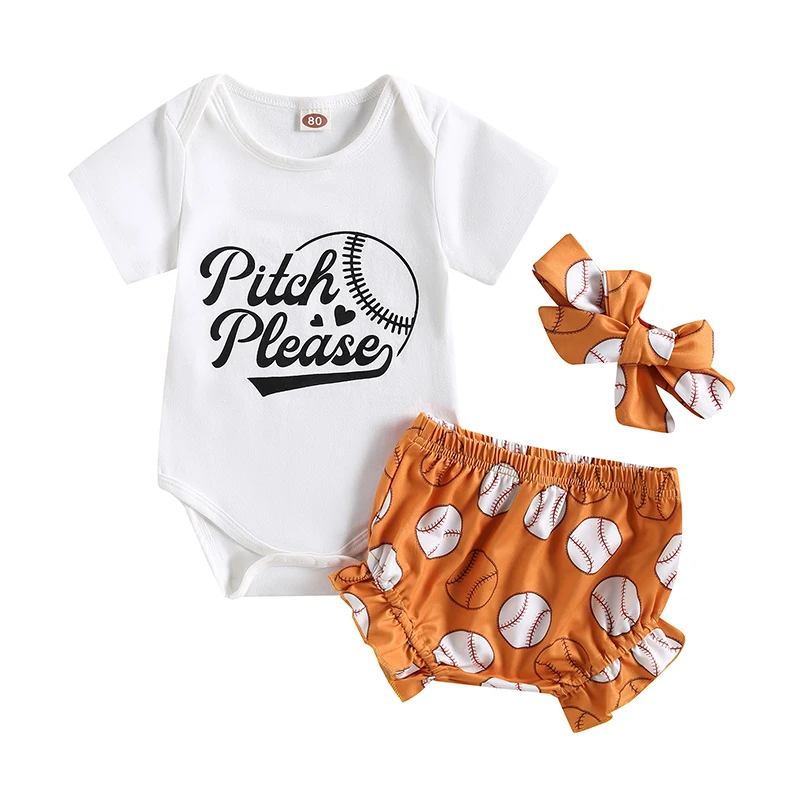 

Summer Fashion Newborn Infant Baby Girls Clothes Sets Short Sleeve Romper + Baseball Print Shorts + Headband 3pcs Outfits
