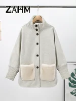 Casual Knitted Faux Fur Patchwork Coat Women Turtleneck Single Breasted Pocket Coats Female 2025 Winter Lady Knitwear New 6