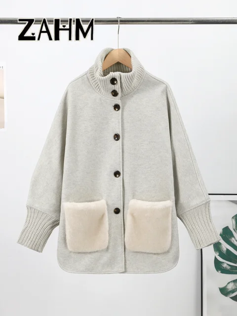 Casual Knitted Faux Fur Patchwork Coat Women Turtleneck Single Breasted Pocket Coats Female 2025 Winter Lady Knitwear New 6