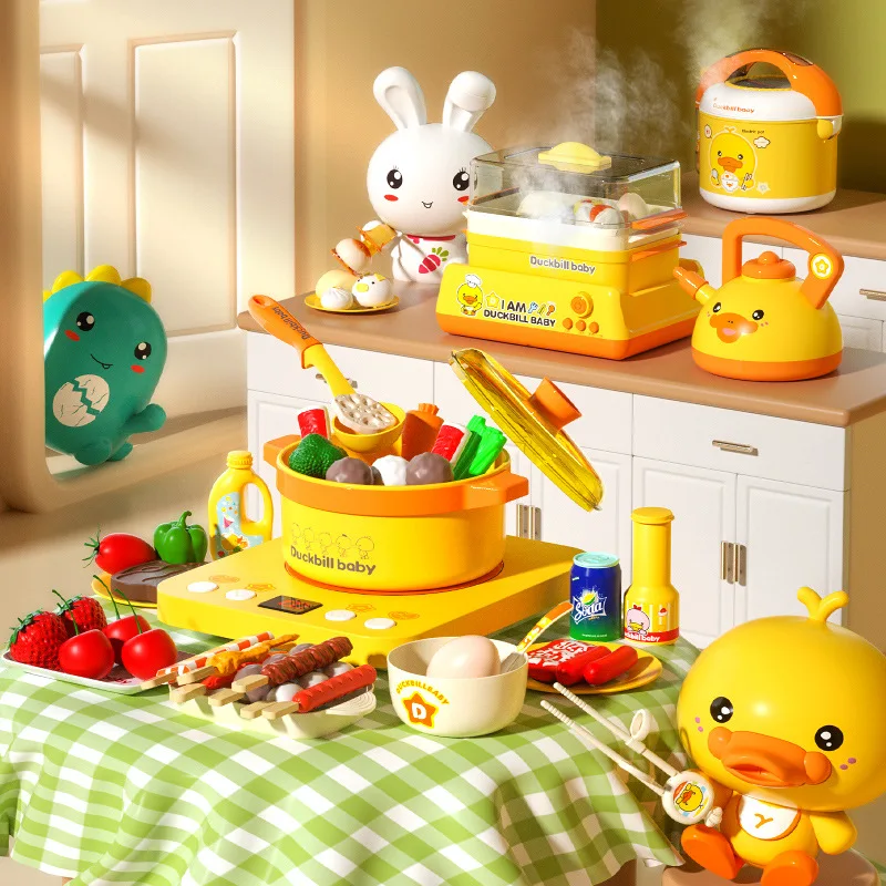 

Children's Home Kitchen Toys Set Steam Spray Electric Rice Cooker Music Light Home Cooking Simulation Toys Birthday Gift