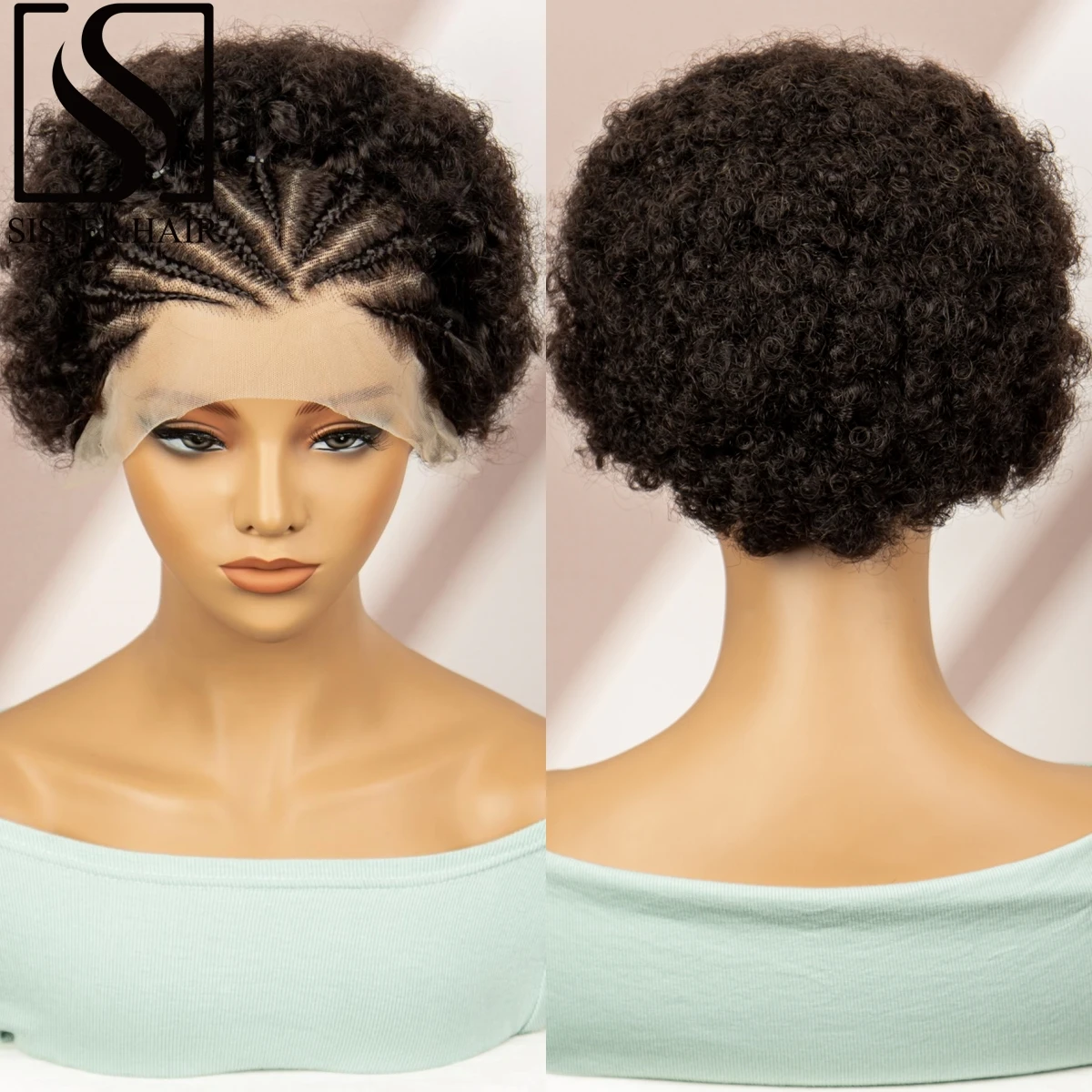 

250% Density Afro Kinky Curly Human Hair Wigs with Braids 6 inch 13x4 HD Transparent Lace Short Bouncy Curly Bob Wig for Women