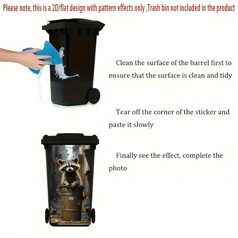 2D Flat Printing1pc Trash Can Sticker 37×82cm Cute RaccoonTheme Wallpaper Self-Adhesive Suitable for Garbage Bins, Walls,Home
