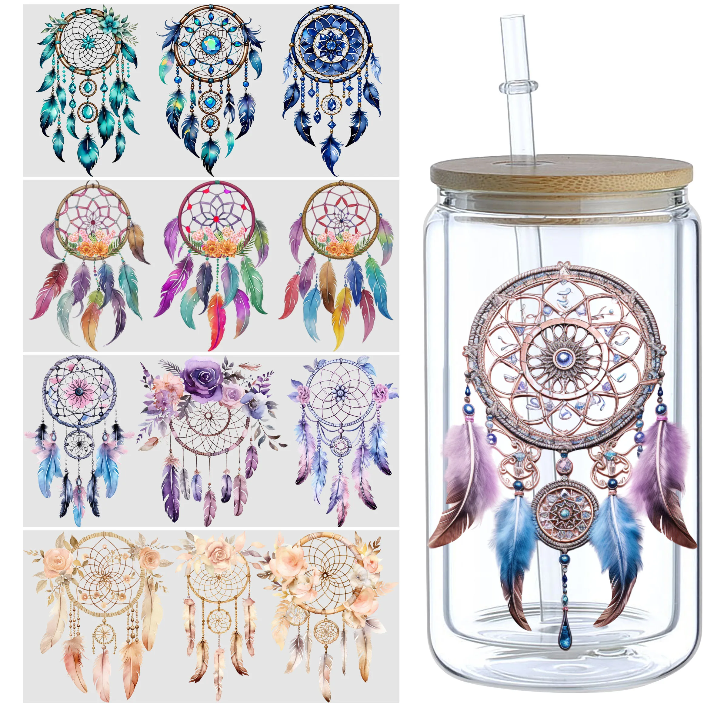 5 sheets Feathers Bohemian Dream Catcher UV DTF Cup Stickers,DTF Transfer Stickers,Wipe-On Transfer Film for 16 oz Glass, Mugs,