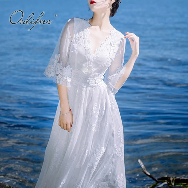

Ordifree 2023 Summer Women White Long Dress Sexy Transparent Vintage White Lace Maxi Tunic Beach Dress Vocation