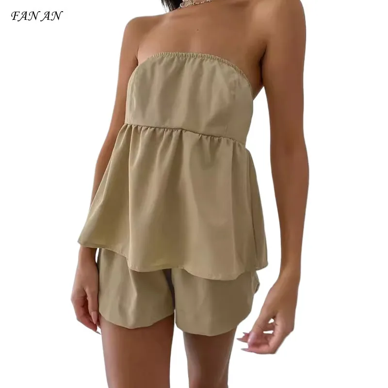 

Summer Autumn New 2024 Solid Color Ruffled Bodice Sexy Backless Shorts Two-piece Casual Fashion Temperament Commuter Ladies Suit