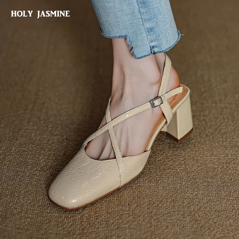 

2024 New Spring/Summer Women Shoes Split Leather Shoes for Women Square Toe Chunky Heel Women Sandals Retro Cover Toe Shoes