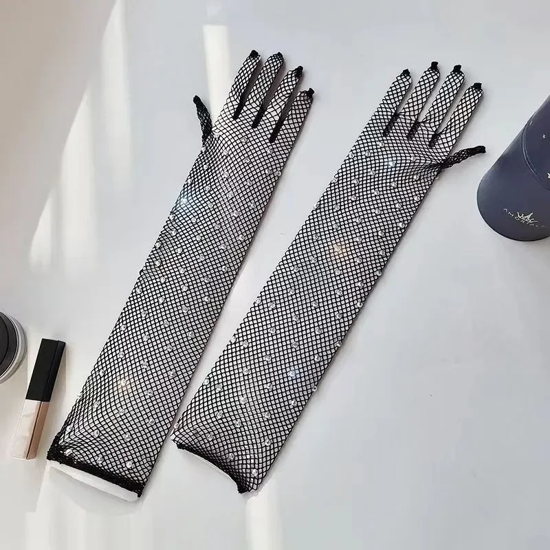 Guanti lunghi trasparenti sottili in pizzo sexy alla moda Guanti a rete neri da donna con protezione solare traspirante ad alta elasticà senza cucure  200000297