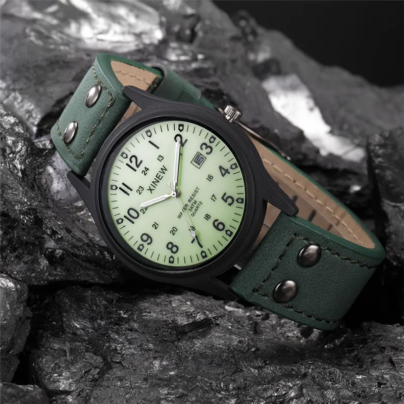 1pc / lot XINEW Brand Watches For Men Fashion Leather Band Sports Military Date Quartz Watch Erkek Barato Saat Reloj Hombre 2024